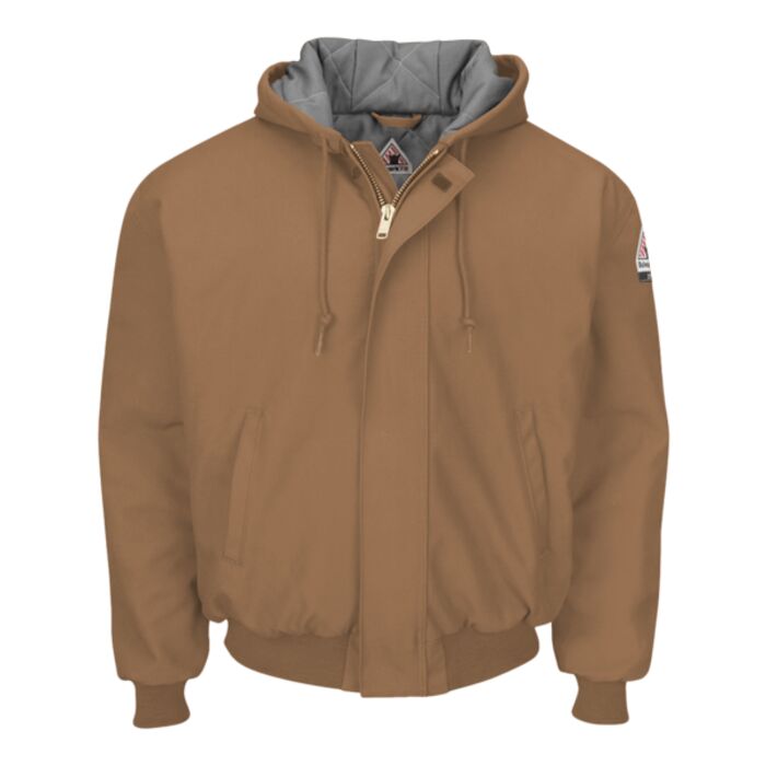 Insulated Brown Duck Hooded Jacket with Knit Trim Thumbnail